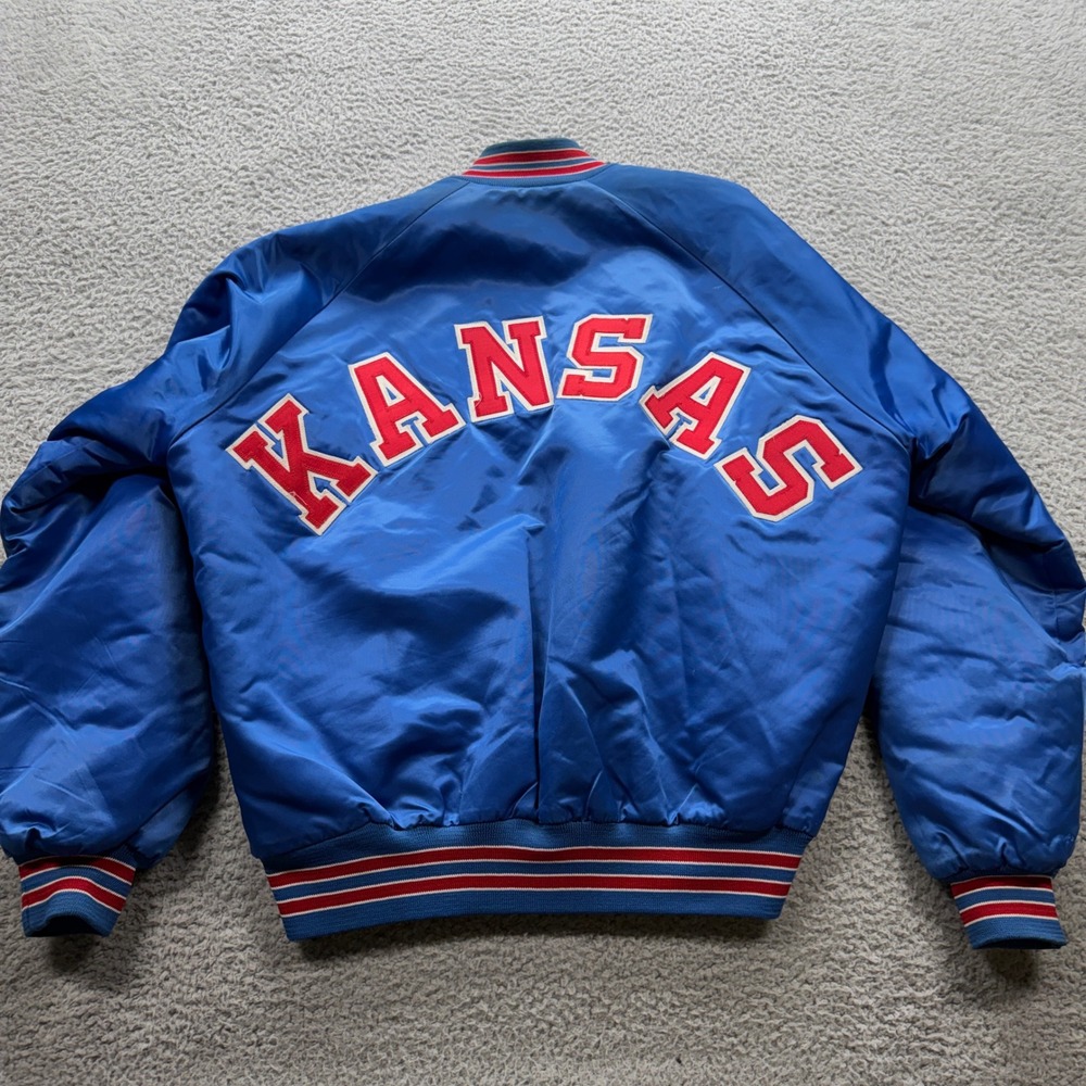Chalk Line Varsity Jacket Mens XL Blue Kansas Spellout Satin Bomber Vintage USA